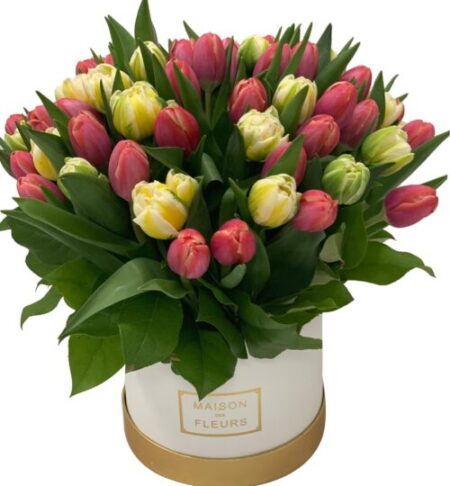 tulipany w pudełku, dostawa kwiatów pocztą kurierem, poczta, kwiatowa dostawa ogólnopolska